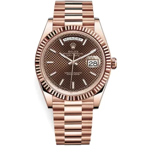 Rolex Day-Date 40 Chocolate Diagonal Motif Dial Fluted Bezel 18K Everose Gold President Automatic Men’s Watch 228235